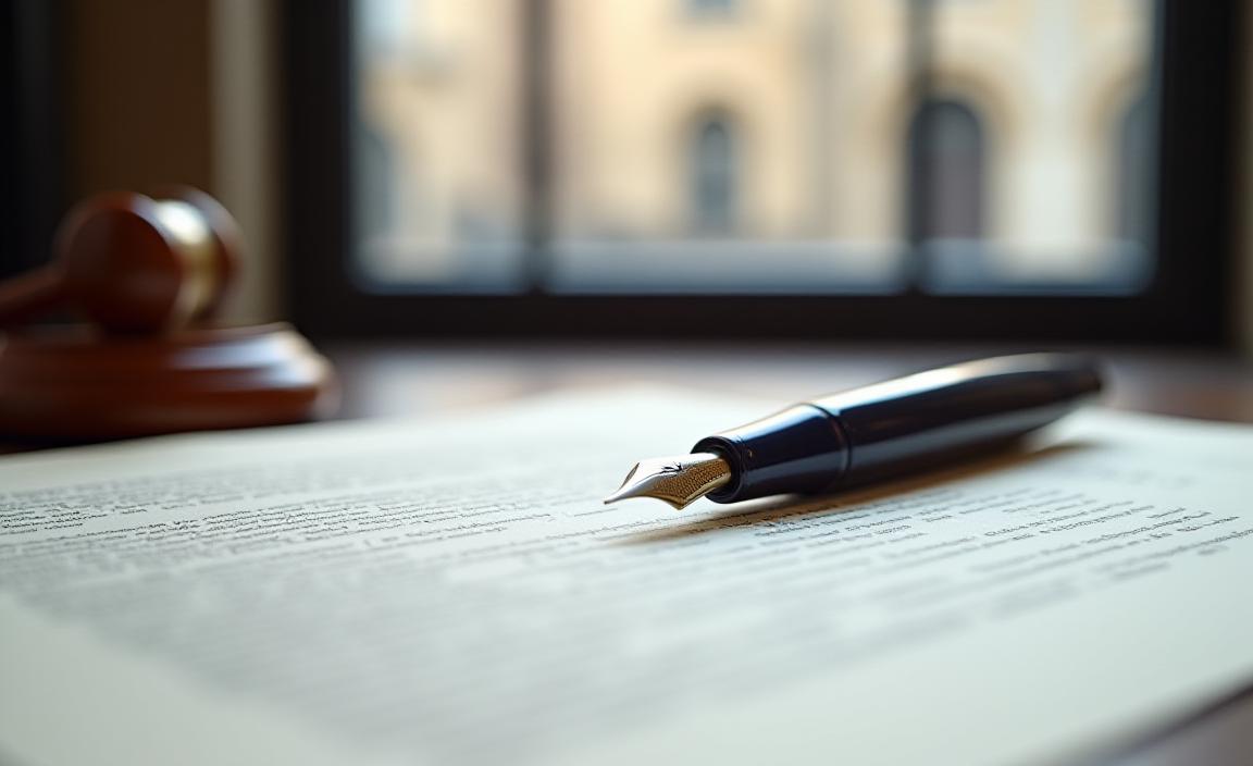 Close-up of a fountain pen resting on professional legal documentation with British legal architecture in soft focus background